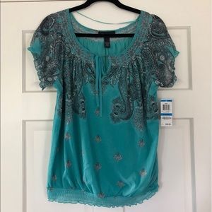 INC teal short sleeve blouse